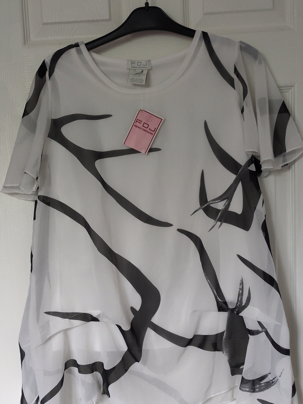 FDJ Collection White Sheer Tunic with Black Abstract Brushprint